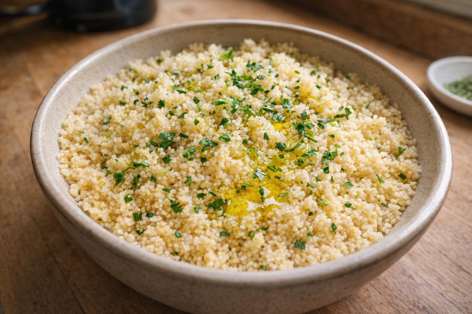 A top-down shot of perfectly cooked, fluffy couscous in a serving bowl, sprinkled with fresh herbs and a drizzle of olive oil, natural light